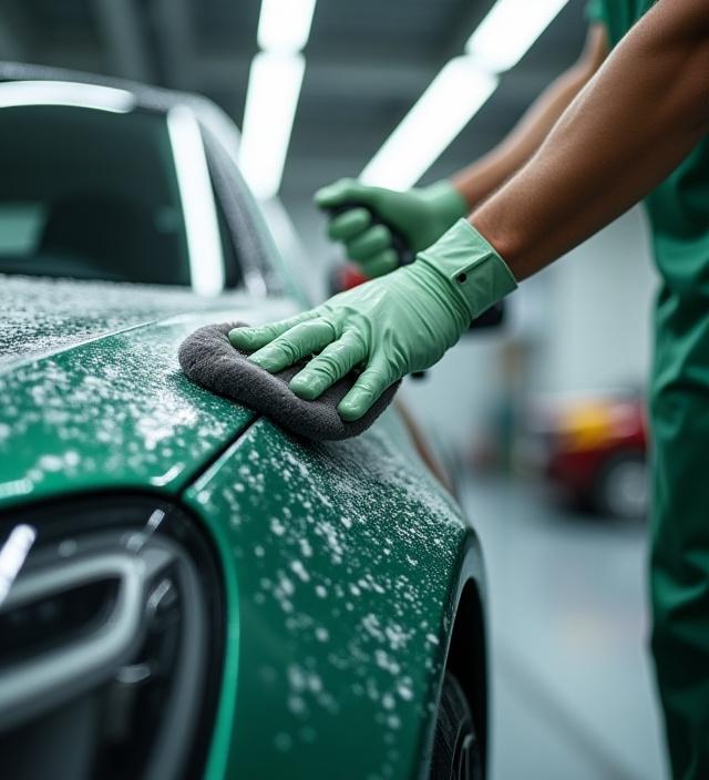 Mitarbeiter bei der sorgfältigen Handwäsche eines premium Fahrzeugs